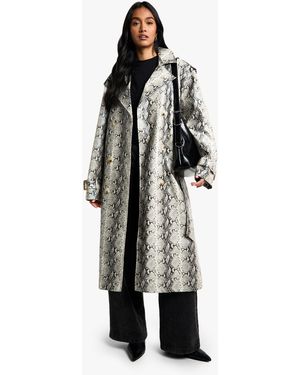 Boohoo Snake Print Faux Leather Maxi Trench Coat - Grey