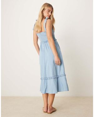 Y.A.S Tie Shoulder Chambray Denim Midi Dress With Shirred Bust - Blue