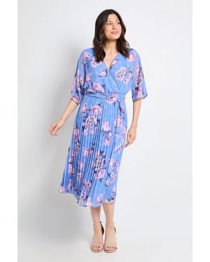 Wallis Floral Polka Dot Mix Pleated Midi Dress - Blue