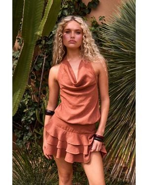 Boohoo Textured Halterneck Ruffle Detail Playsuit - Orange