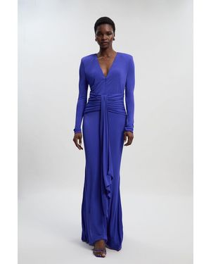Karen Millen Premium Stretch Crepe Jersey V Neck Zip Detail Maxi Dress - Blue