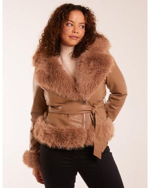 Blue Vanilla Hooded Faux Fur Cropped Pu Jacket - Brown