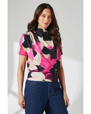 PRINCIPLES Printed Drape High Neck Jersey Top - Red