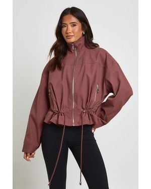 Boohoo Funnel Neck Cinched Waist Utility Jacket - Red