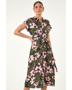 Roman Floral Print Belted Midi Dress - White