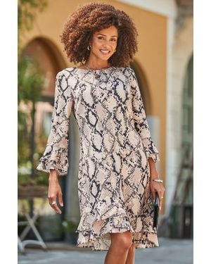 Sosandar Natural Snake Print Ruffle Hem Shift Dress - Brown