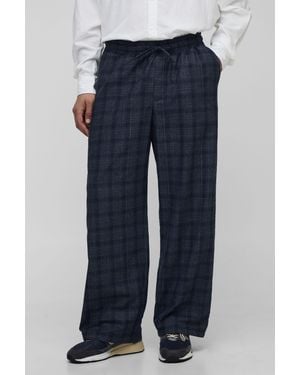 BoohooMAN Elasticated Waistband Wide Leg Plaid Trousers - Blue