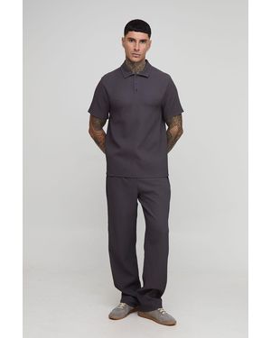 BoohooMAN Tall Pleated Regular Fit Polo & Tapered Trousers Set - Blue