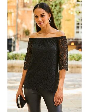 Sosandar Lace Sleeve Detail Bardot Top - Black
