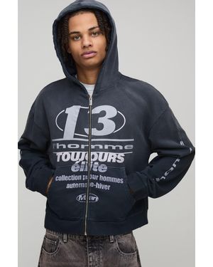BoohooMAN Oversized Premium Homme 13 Faded Wash Zip Through Hoodie Cotton - Blue