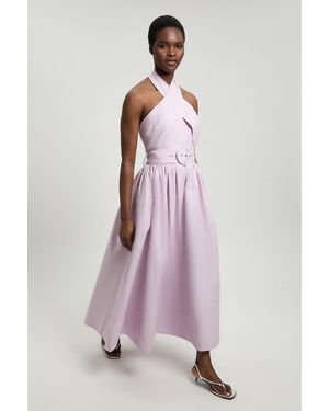 Karen Millen Cotton Poplin Cross Over Halter Neck Woven Midi Dress - Pink