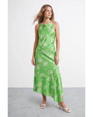 Warehouse Floral Printed Racer Neck Seam Detail Bias Maxi Dress - Green