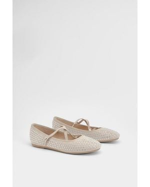 Faith Lucinda Faux Suede Cross Strap Diamante Ballerinas - White