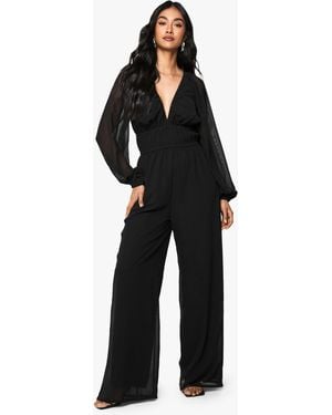 Boohoo Chiffon V Neck Ruched Wide Leg Jumpsuit - Black