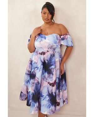 Quiz Curve Floral Bardot Midi Dress - Blue