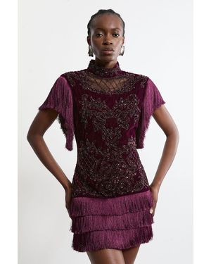 Karen Millen Velvet Baroque Fringe Woven Mini Dress - Red