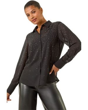 Roman Diamante Hotfix Button Blouse - Black