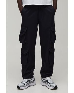 BoohooMAN Fixed Waist Relaxed Peached Twill 3D Multi Pocket Cargo Trousers - Blue