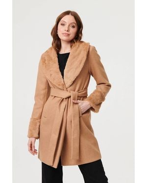 Izabel London Faux Fur Trim Tie Waist Longline Coat - Natural