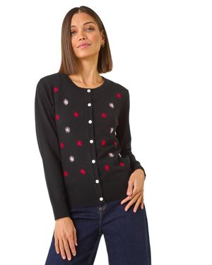 Roman Embroidered Daisy Knit Cardigan - Black