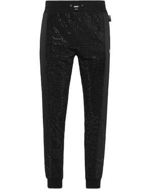Philipp Plein Trousers Jogging Nylon Inserts Monogram Strass - Zwart