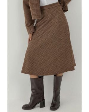 Hiccup Wool Blend High Waist Plaid Midi Skirt - Natural