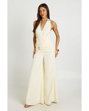 Boohoo Halterneck Drape Detail Trim Wide Leg Jumpsuit - Natural