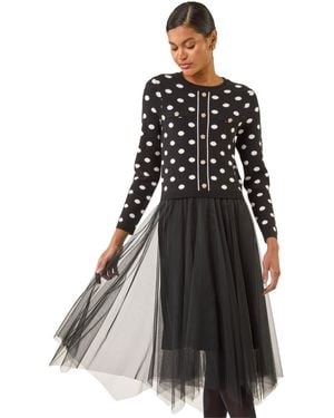 Roman Polka Dot Mesh Midi Dress - Black