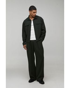 BoohooMAN Pinstripe Oversized Shirt & Wide Leg Pleat Front Trouser Set - Black