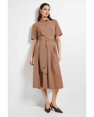 PRINCIPLES Short Sleeve Collared Tie Waist Midi Dress - Natural