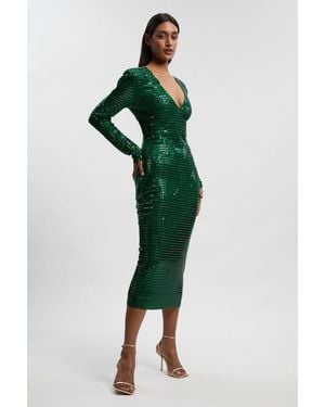 Karen Millen Premium Crystal Embellished Long Sleeve Plunge Neck Midi Dress - Green