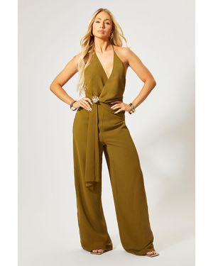 MissPap Shell Trim Wide Leg Halterneck Jumpsuit - Green