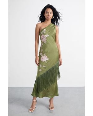 Warehouse One Shoulder Embroidered Fringed Midi Dress - Green