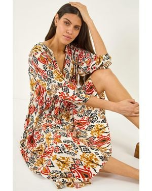 Roman Abstract Print Empire Waist Dress - Orange