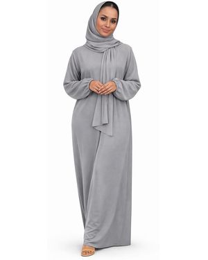 VR2 Denim Ladies Abaya With Scarf Attached Comfortable Modest Dress - Grey