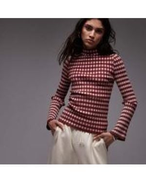 TOPSHOP Knitted Plated Check Long Sleeve Top - Red