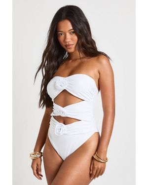 Boohoo Flower Trim Cut Out Bandeau Swimsuit - White