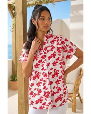 Roman Floral Print Pleat Neck Top - Red
