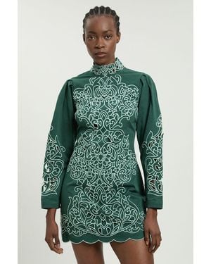 Karen Millen Cotton Cutwork Twill Woven Mini Dress - Green