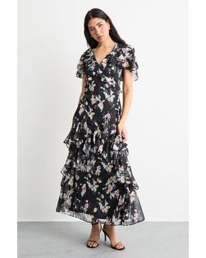 Warehouse Flutter Sleeve Floral Print Frill Detail Maxi Dress - White