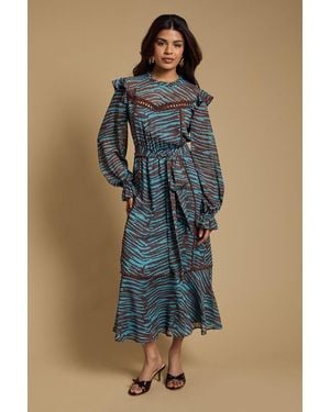 Oasis Petite Printed Dobby Chiffon Belted Waist Midi Dress - Blue