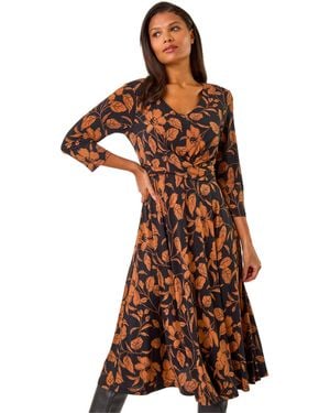 Roman Leaf Print Wrap Midi Dress - Brown