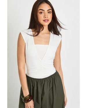 Boohoo Slinky Ruched V Neck Bodysuit - White