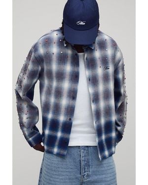 BoohooMAN Oversized Embellished Checked Overshirt - Blue