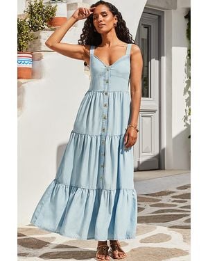 Sosandar Light Wash Button Front Tiered Hem Denim Dress - Blue