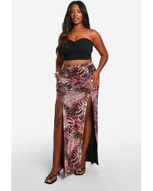 Boohoo Plus Mesh Mixed Leopard Print Split Detail Maxi Skirt - Red