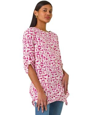 Roman Absract Print Longline Top - Red