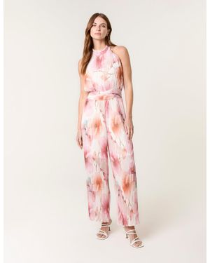 Blue Vanilla Pleated Halter Neck Watercolour Floral Printed Jumpsuit - Pink