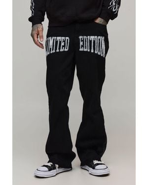BoohooMAN Tall Raw Hem Applique Gusset Flared Jeans - Black