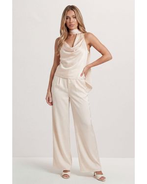 MissPap Premium Satin Scarf Detail Top - Natural